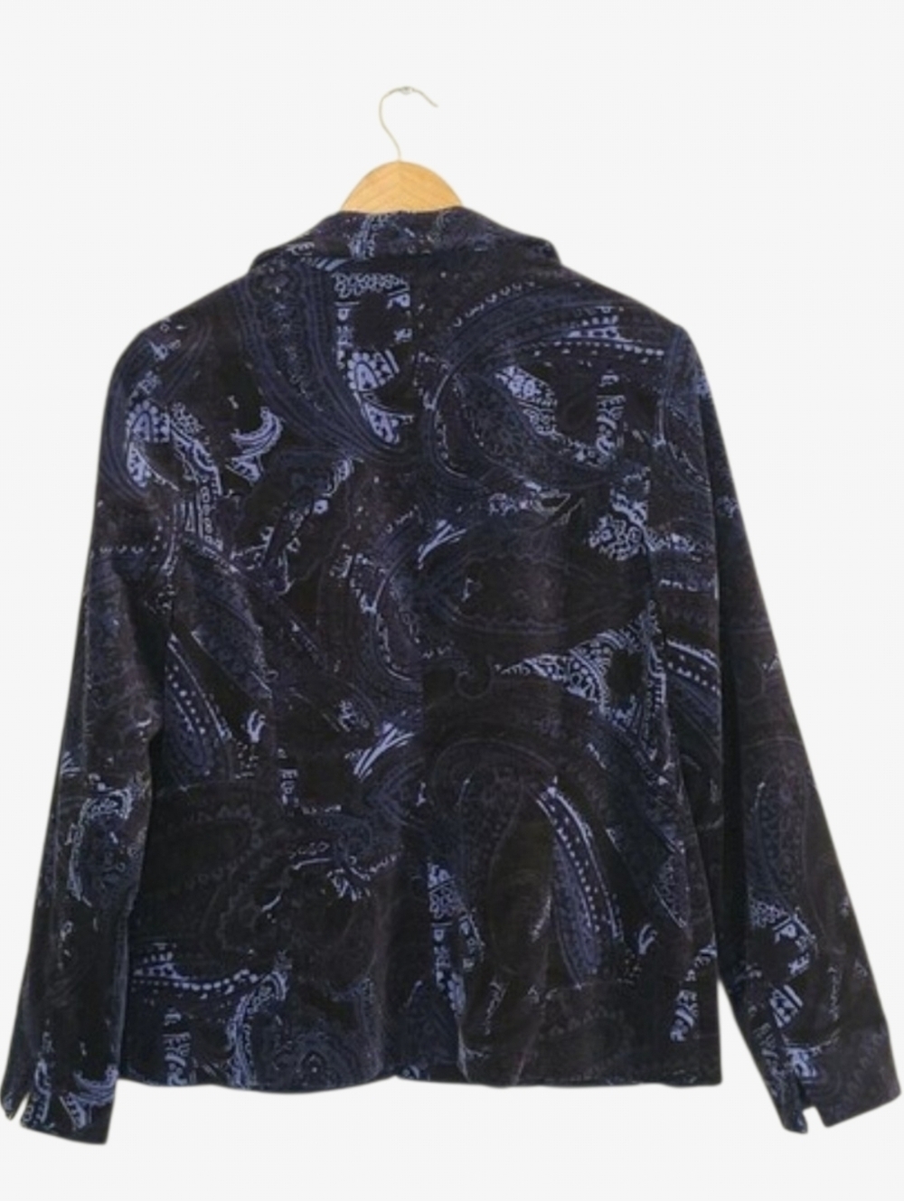 Chico's Velvet Paisley Jacket Womens Medium Blue Black Open Front Blazer - Picture 8 of 11